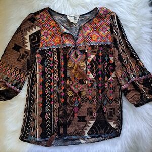 Savanna Jane Women's Embroidered Aztec Print Top Multicolor Boho Tassels (Small)